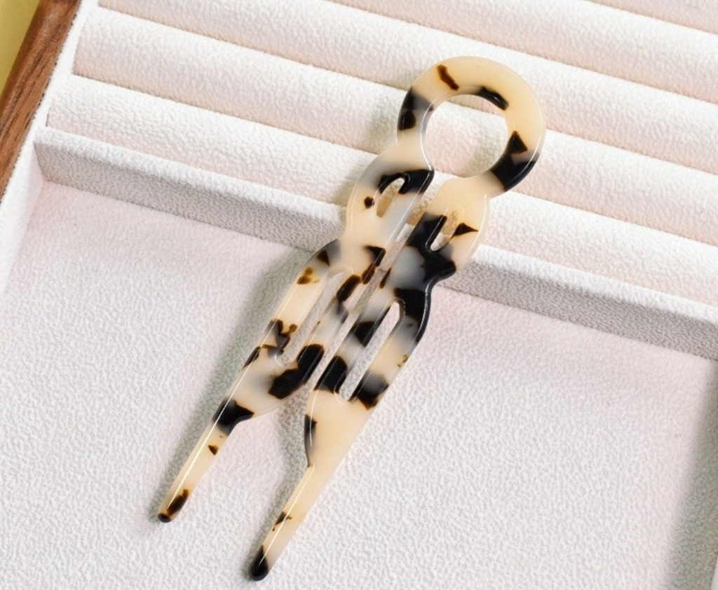White Tortoise Women's Vintage Marble Hair Fork Double Prong Bun Wand