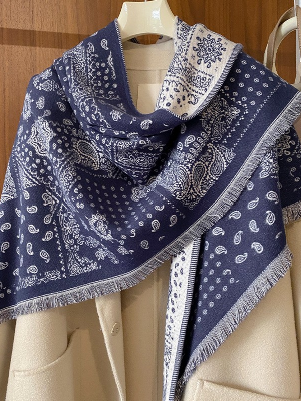 Navy Vintage Paisley Shawl Knitted Triangle Scarf