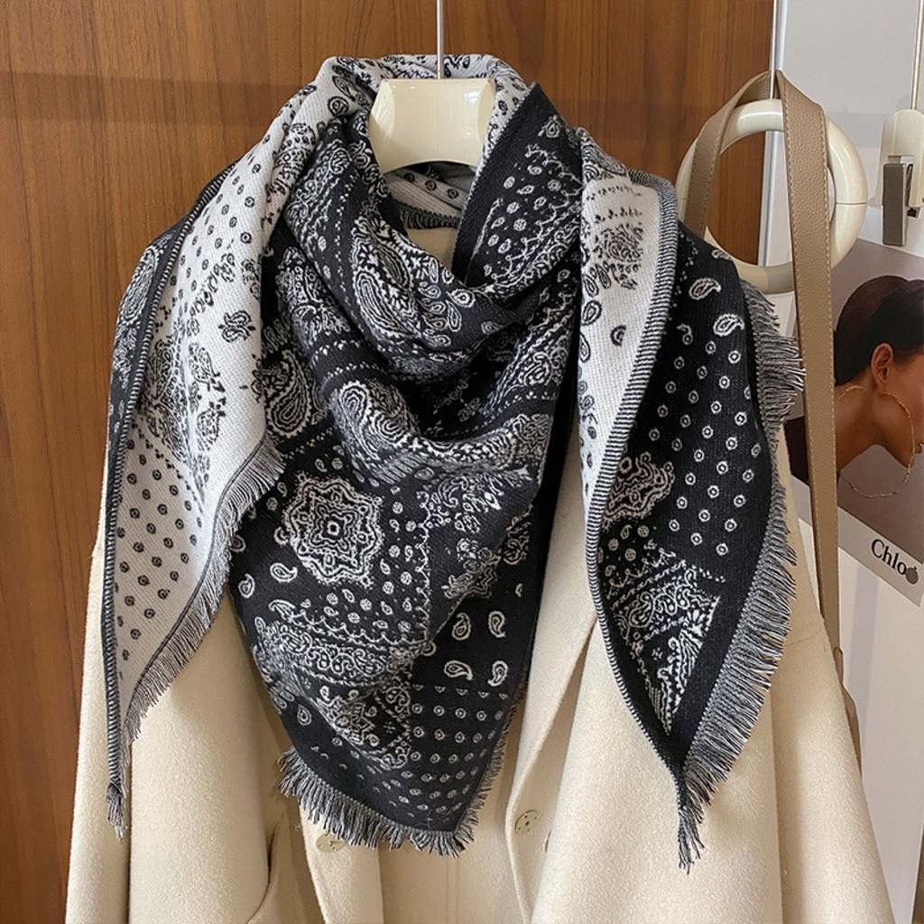 Black Vintage Paisley Shawl Knitted Triangle Scarf