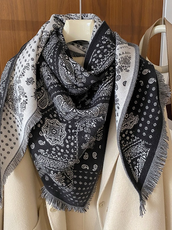 Black Vintage Paisley Shawl Knitted Triangle Scarf