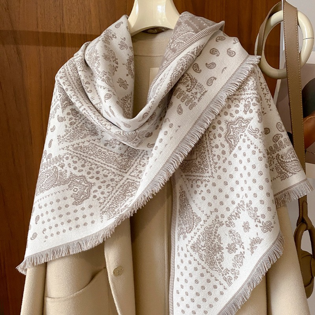 Tan Vintage Paisley Shawl Knitted Triangle Scarf