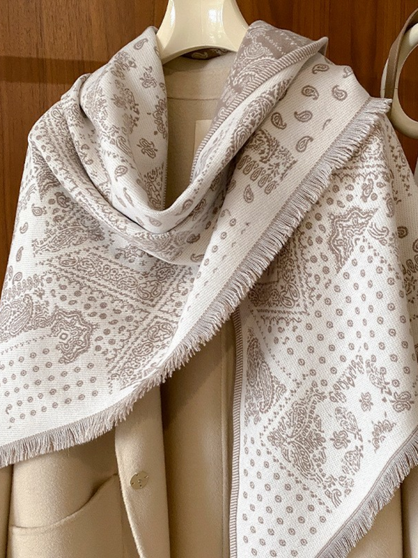 Tan Vintage Paisley Shawl Knitted Triangle Scarf