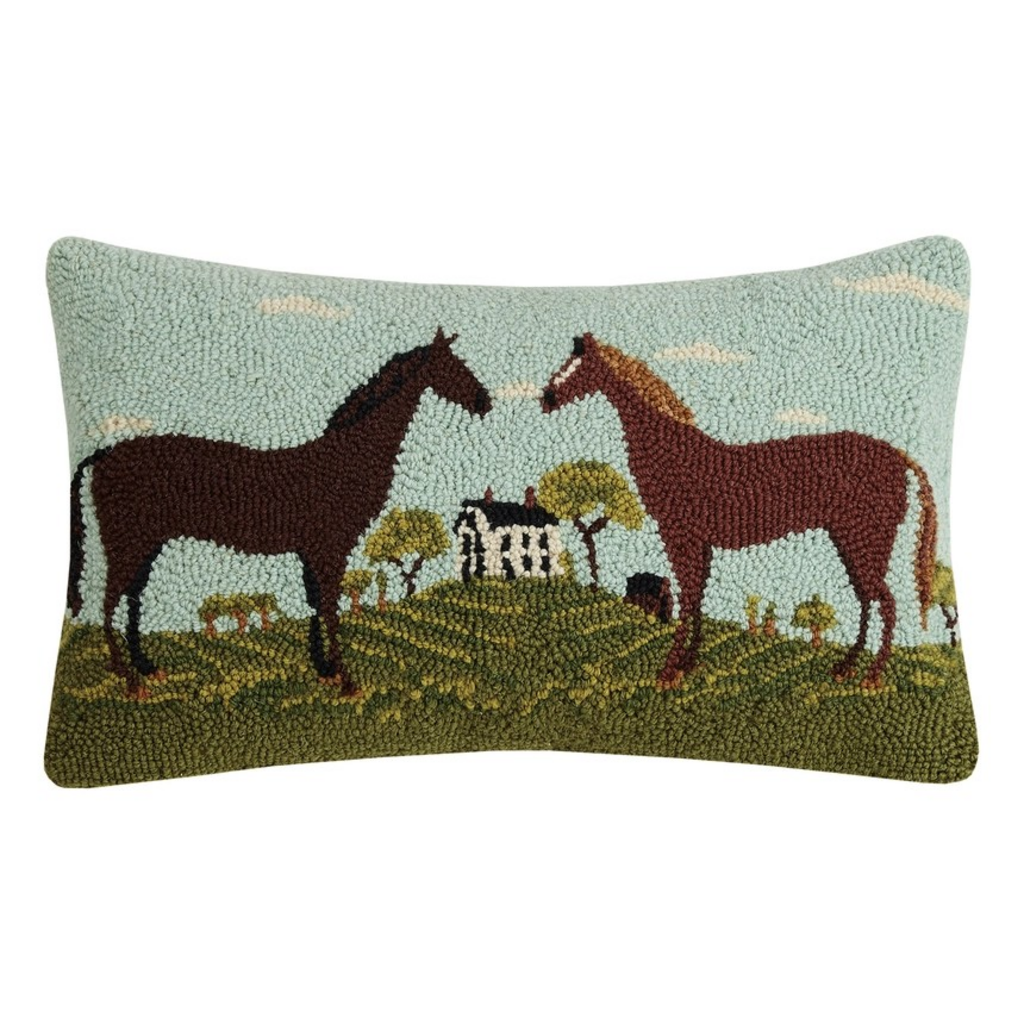 black and brown horses hook pillow