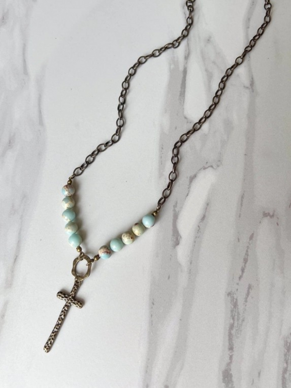 chain and bead necklace with cross charm