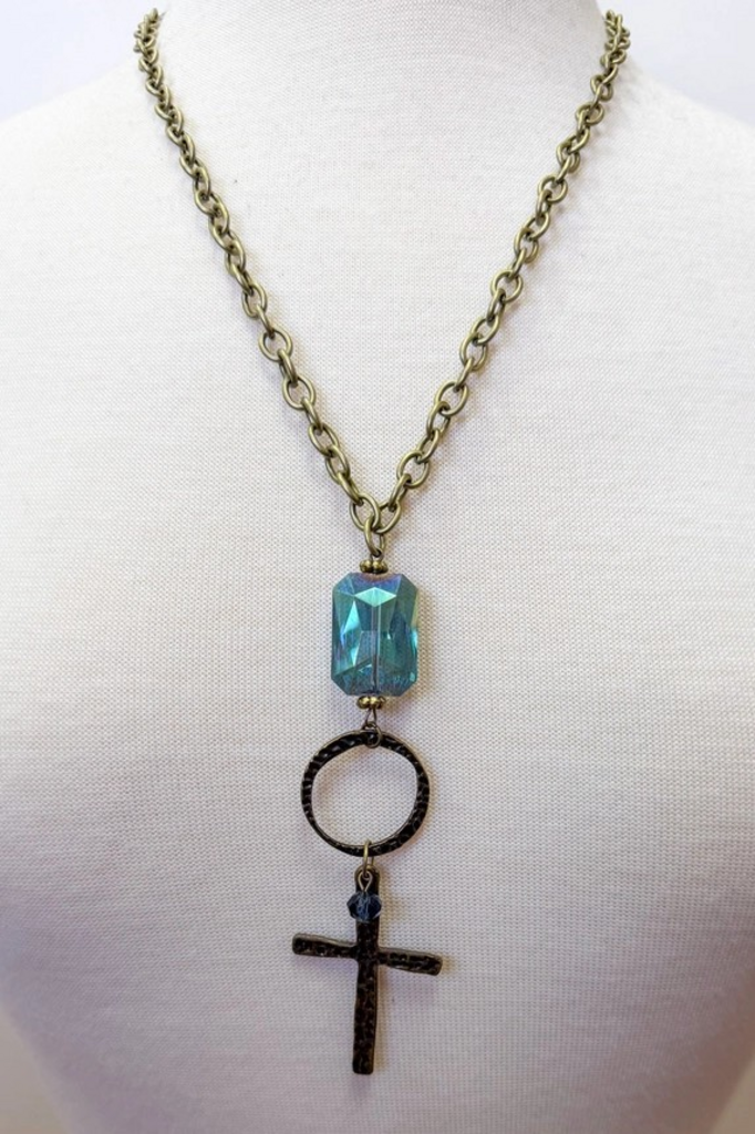 iridescent stone with large cross charm chain necklace