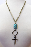 iridescent stone with large cross charm chain necklace
