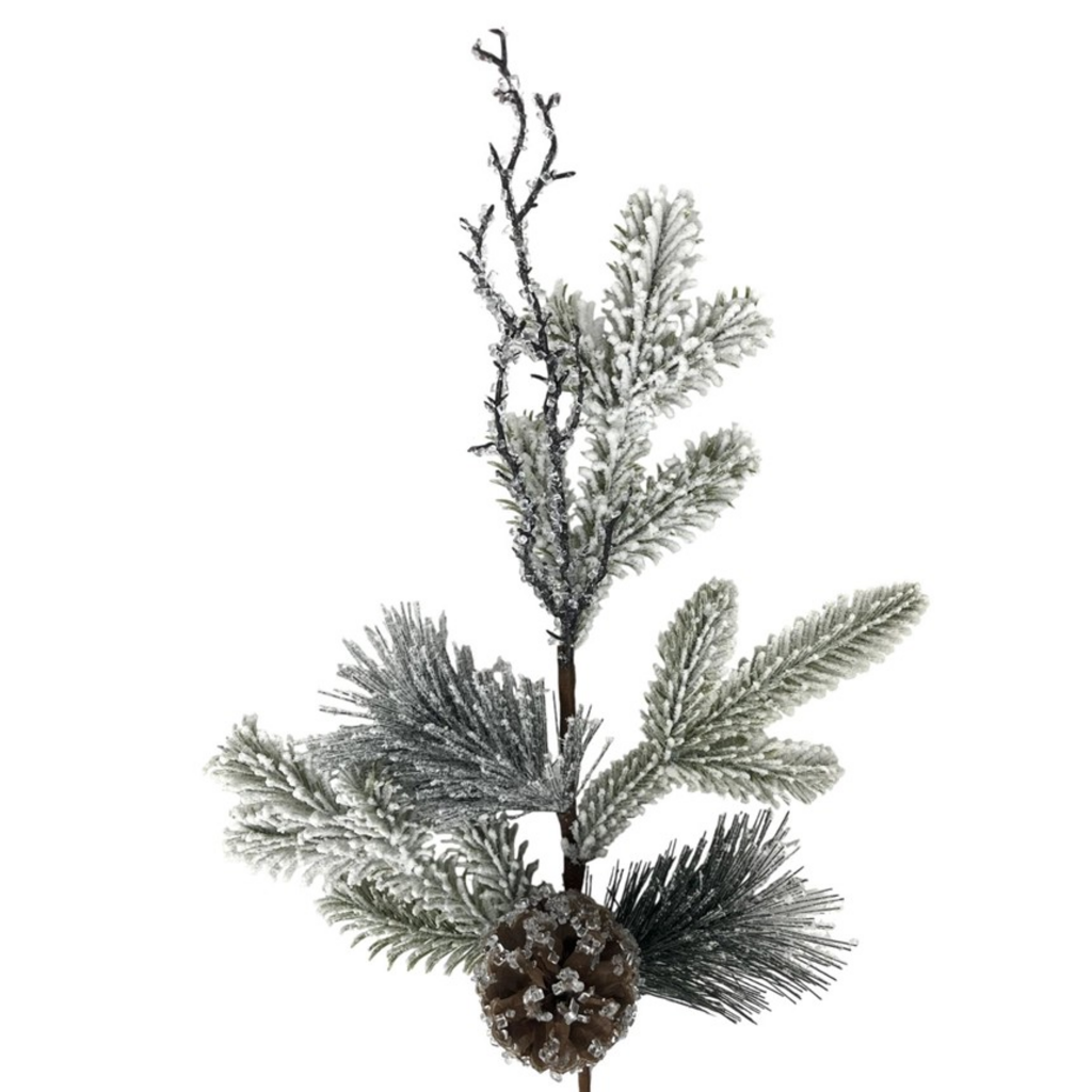25" snowed pine iced twig/cone spray