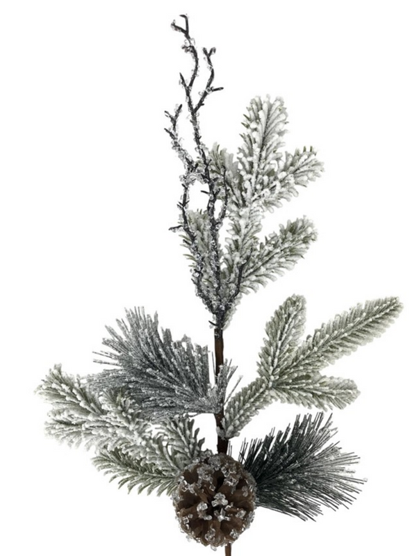 25" snowed pine iced twig/cone spray