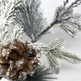 25" snowed pine iced twig/cone spray