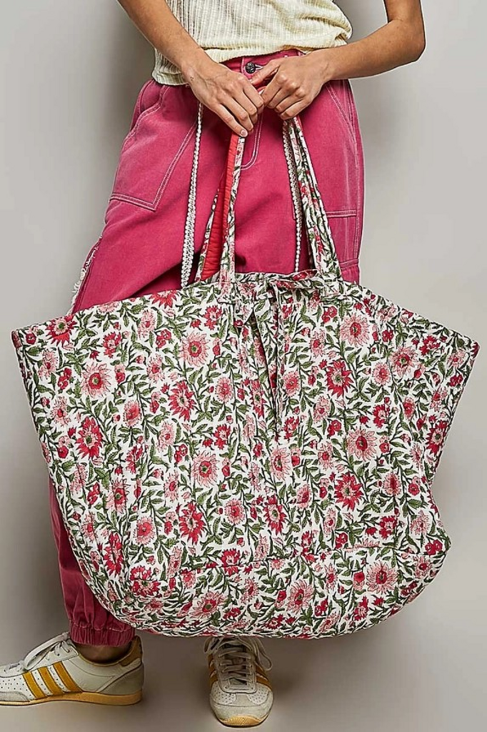 multi pink ribbon tie floral jumbo tote bag