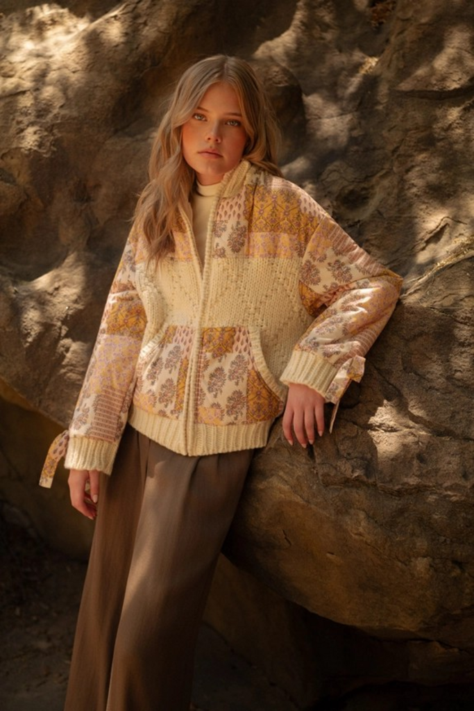 multi blush patchwork knit zip jacket