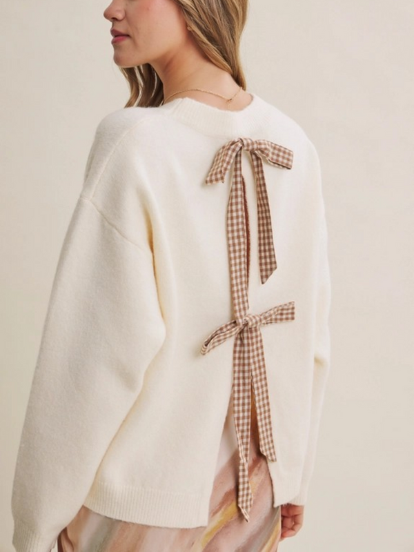 cream & caramel open back gingham bow sweater