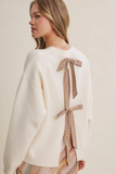 cream & caramel open back gingham bow sweater