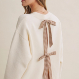 cream & caramel open back gingham bow sweater