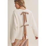 cream & caramel open back gingham bow sweater