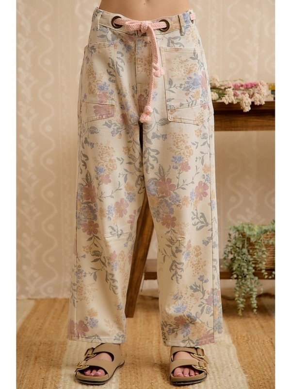 vintage floral cotton drawstring pants