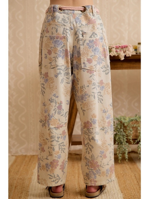 vintage floral cotton drawstring pants