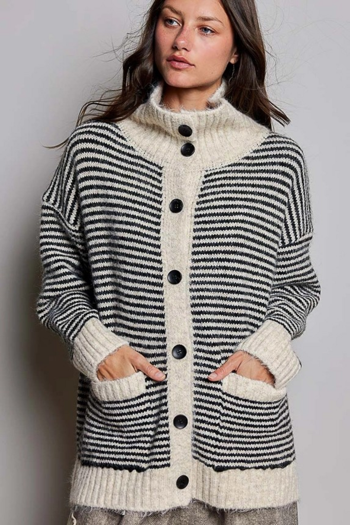 multi black striped fold over collar button front cardigan