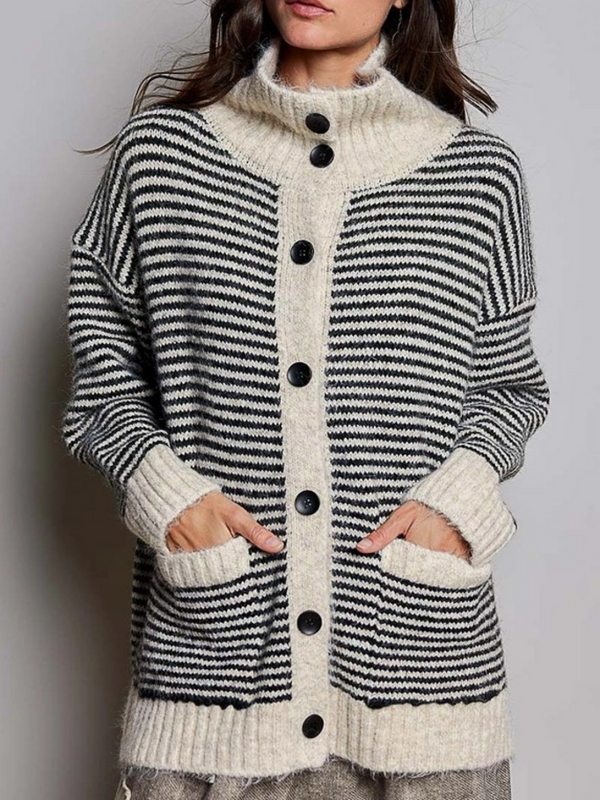 multi black striped fold over collar button front cardigan