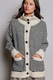 multi black striped fold over collar button front cardigan