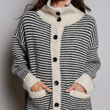 multi black striped fold over collar button front cardigan