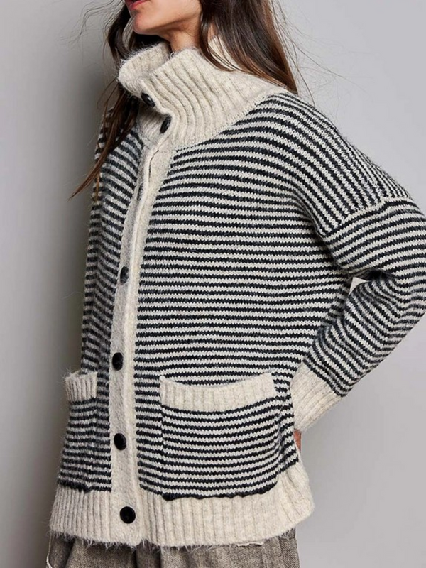 multi black striped fold over collar button front cardigan