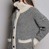 multi black striped fold over collar button front cardigan