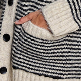 multi black striped fold over collar button front cardigan