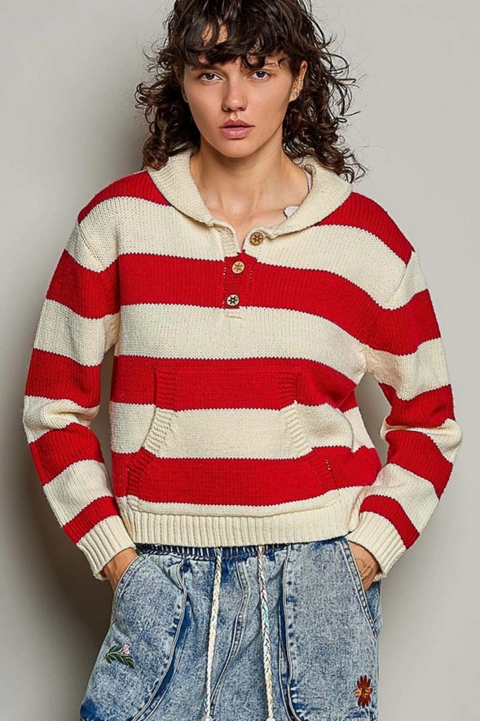 multi cream striped collard knit sweater pullover