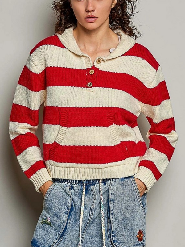 multi cream striped collard knit sweater pullover