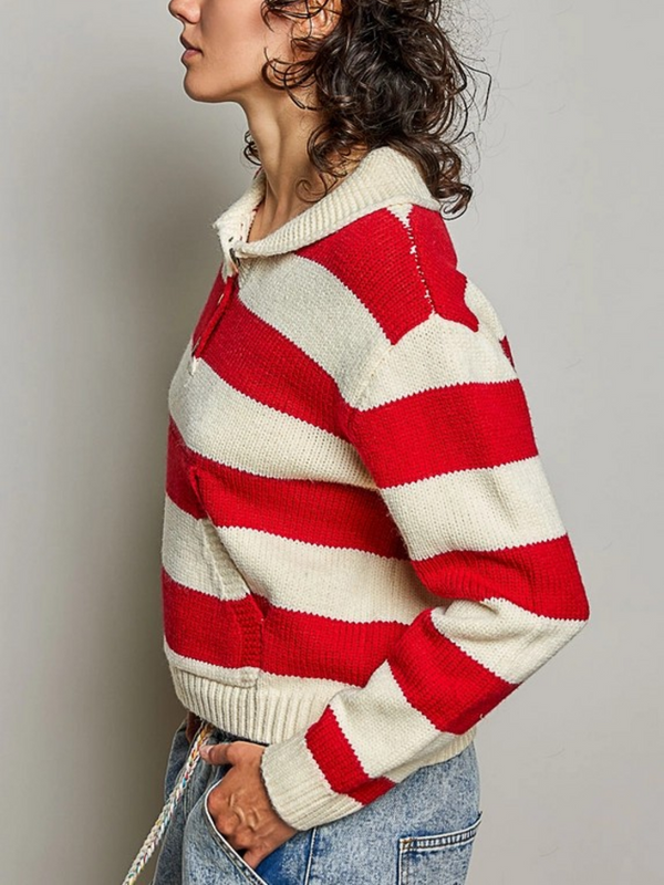 multi cream striped collard knit sweater pullover