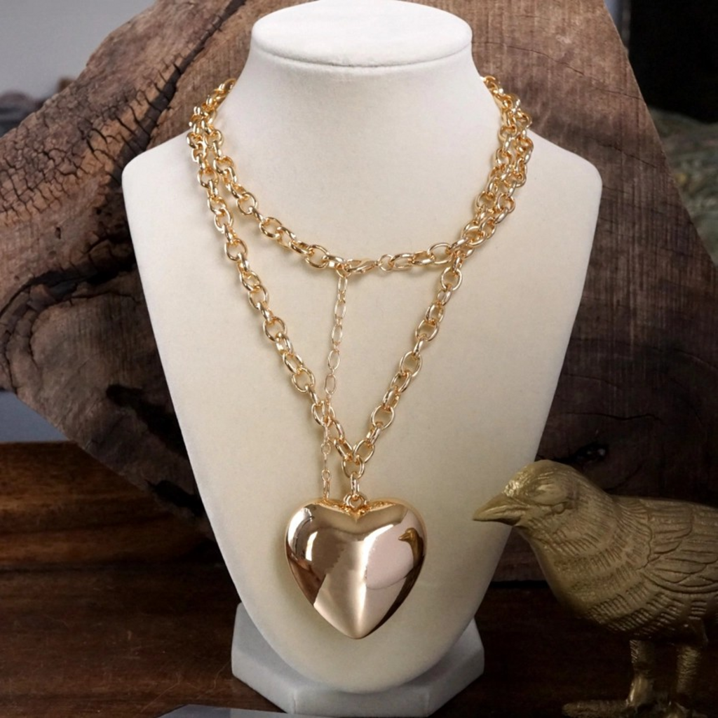 long gold puffy heart pendant necklace