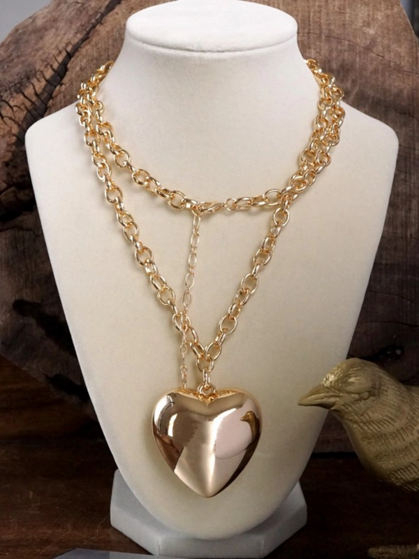 long gold puffy heart pendant necklace
