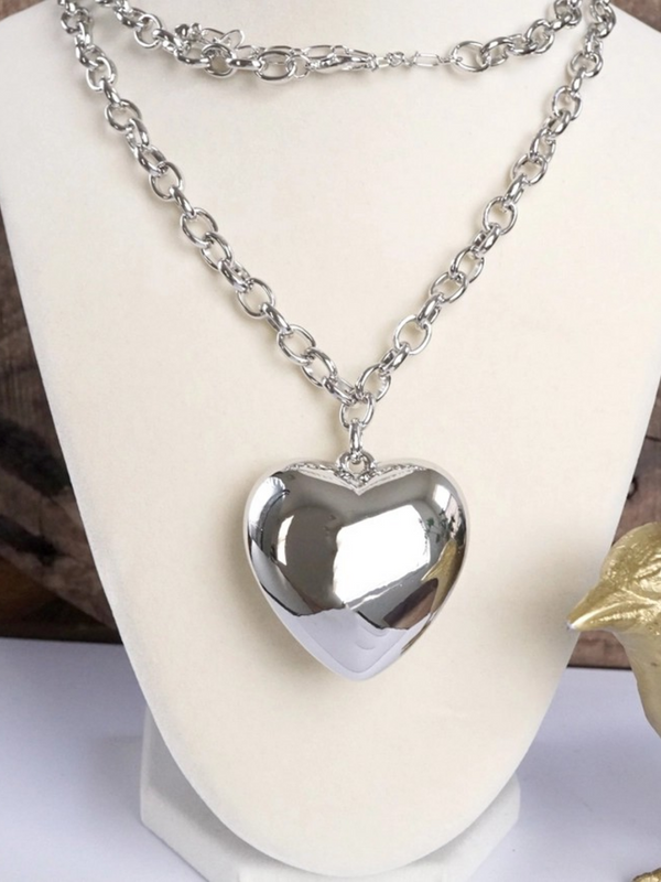 long silver puffy heart pendant necklace