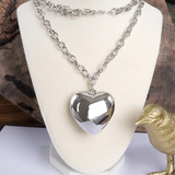 long silver puffy heart pendant necklace