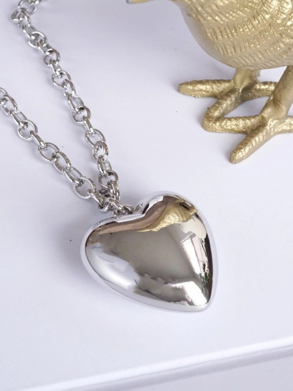 long silver puffy heart pendant necklace