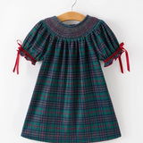 girls plaid smocked dress with puff sleeves