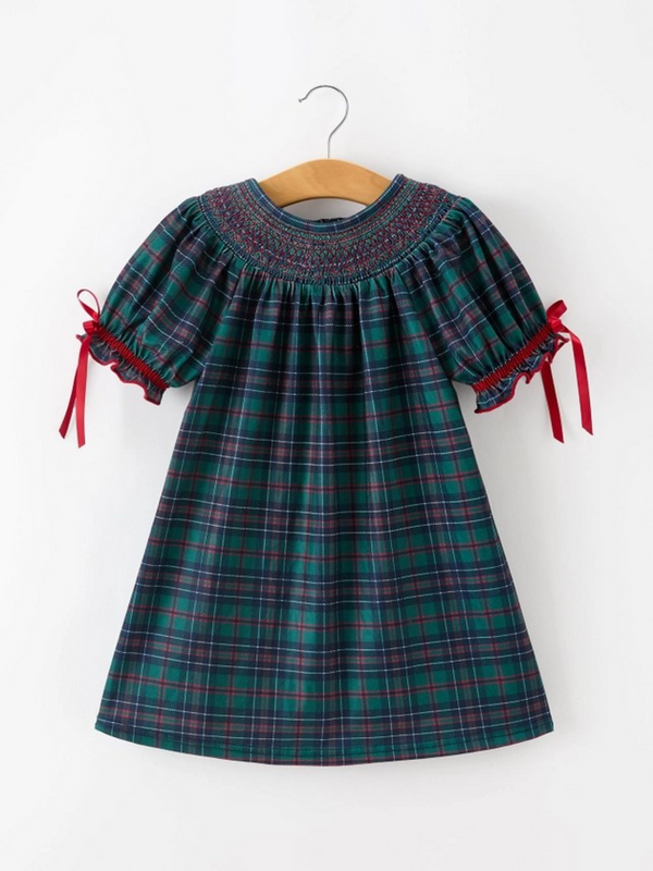 girls plaid smocked dress with puff sleeves