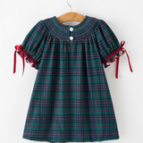 girls plaid smocked dress with puff sleeves