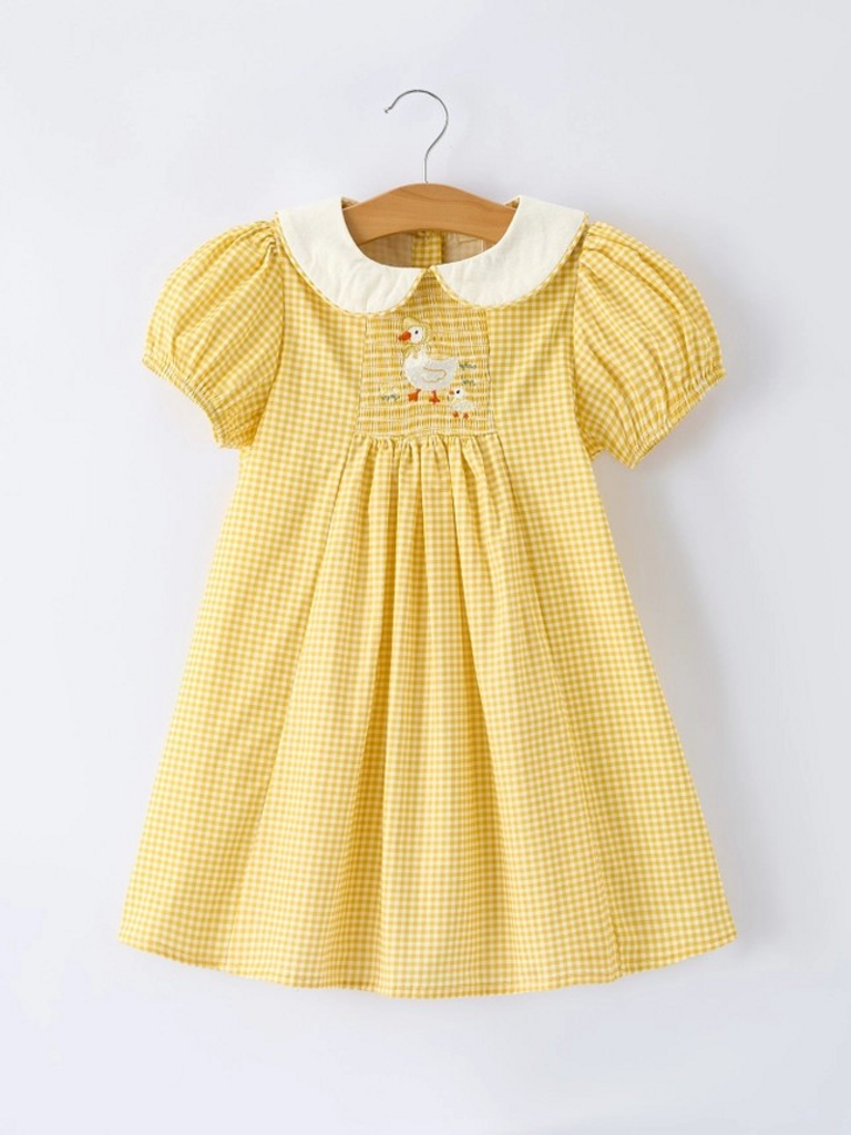 yellow goose embroidered smocked plaid dress