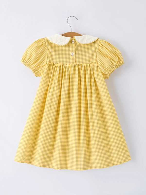 yellow goose embroidered smocked plaid dress