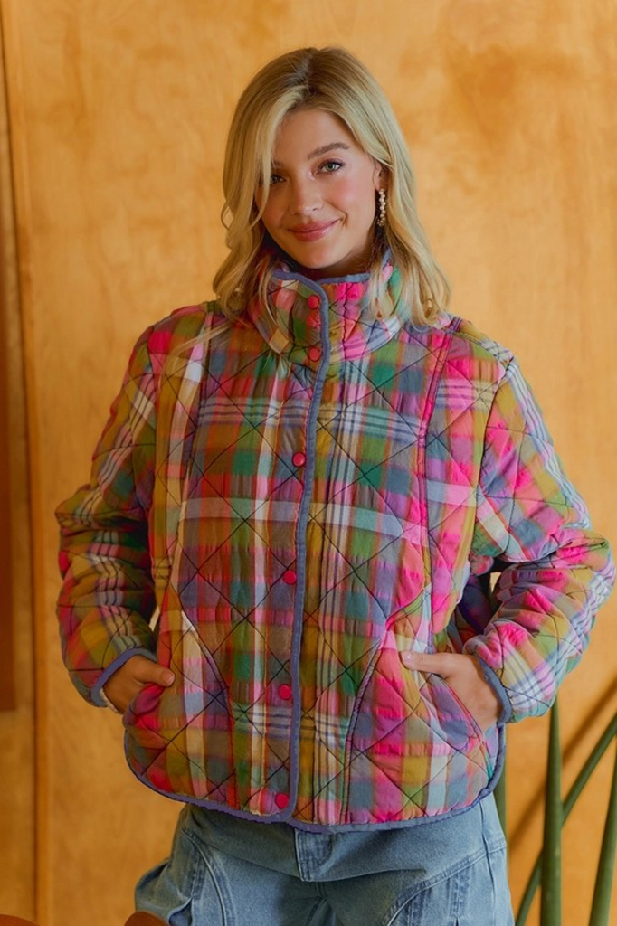 stained glass bleached vintage plaid quilted jacket with pockets