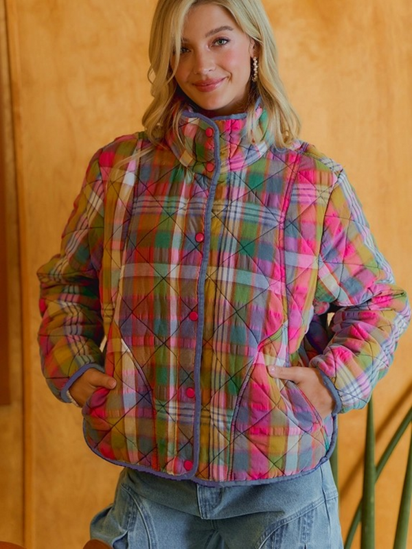 stained glass bleached vintage plaid quilted jacket with pockets