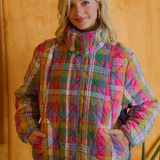 stained glass bleached vintage plaid quilted jacket with pockets