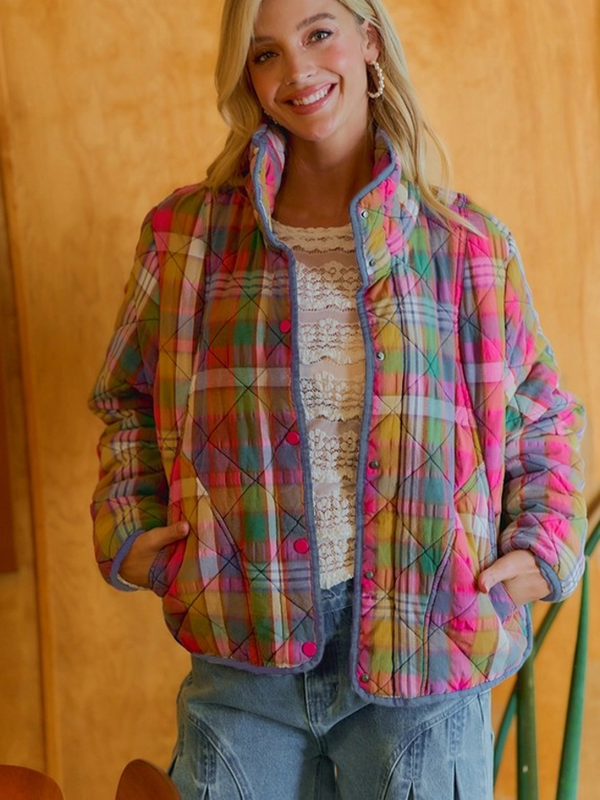 stained glass bleached vintage plaid quilted jacket with pockets