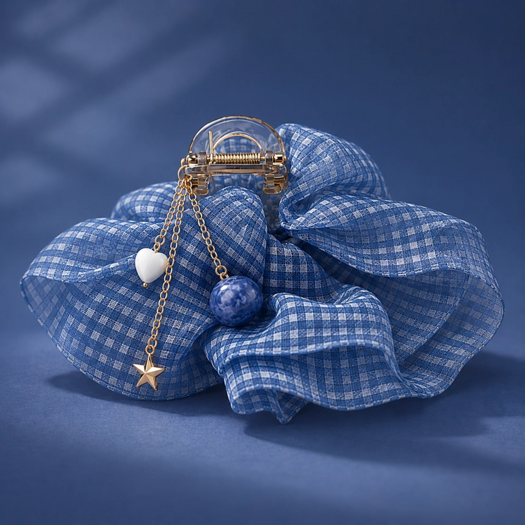 blueberry charm gingham mesh hair claw