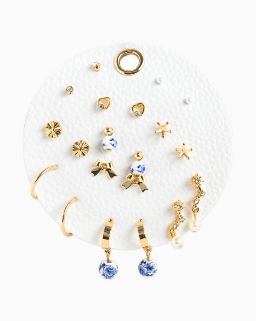 blue ceramic bead and bow earrings set