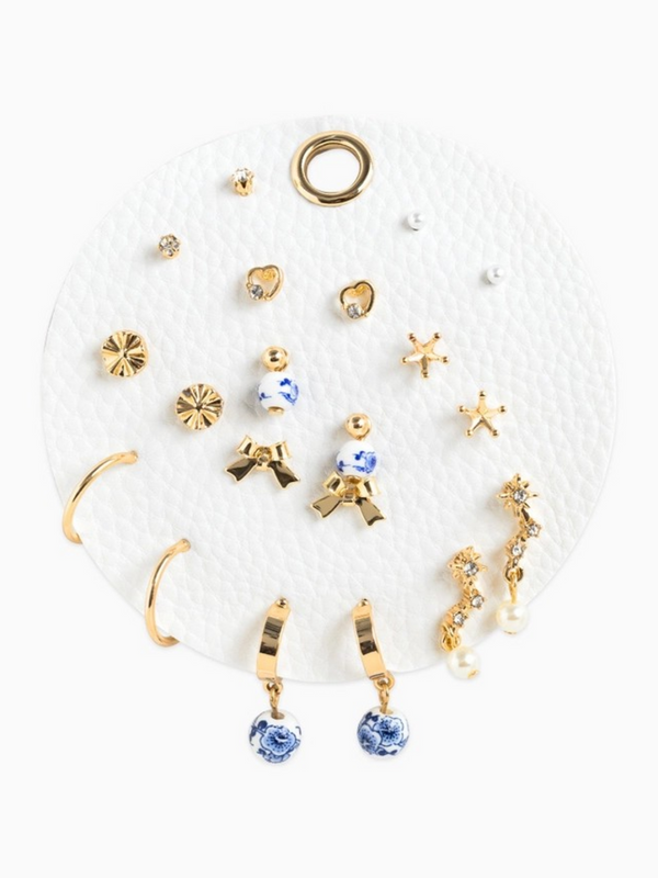 blue ceramic bead and bow earrings set