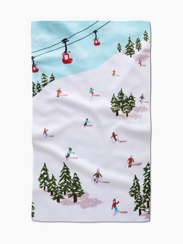 winter skiing trip tea towel