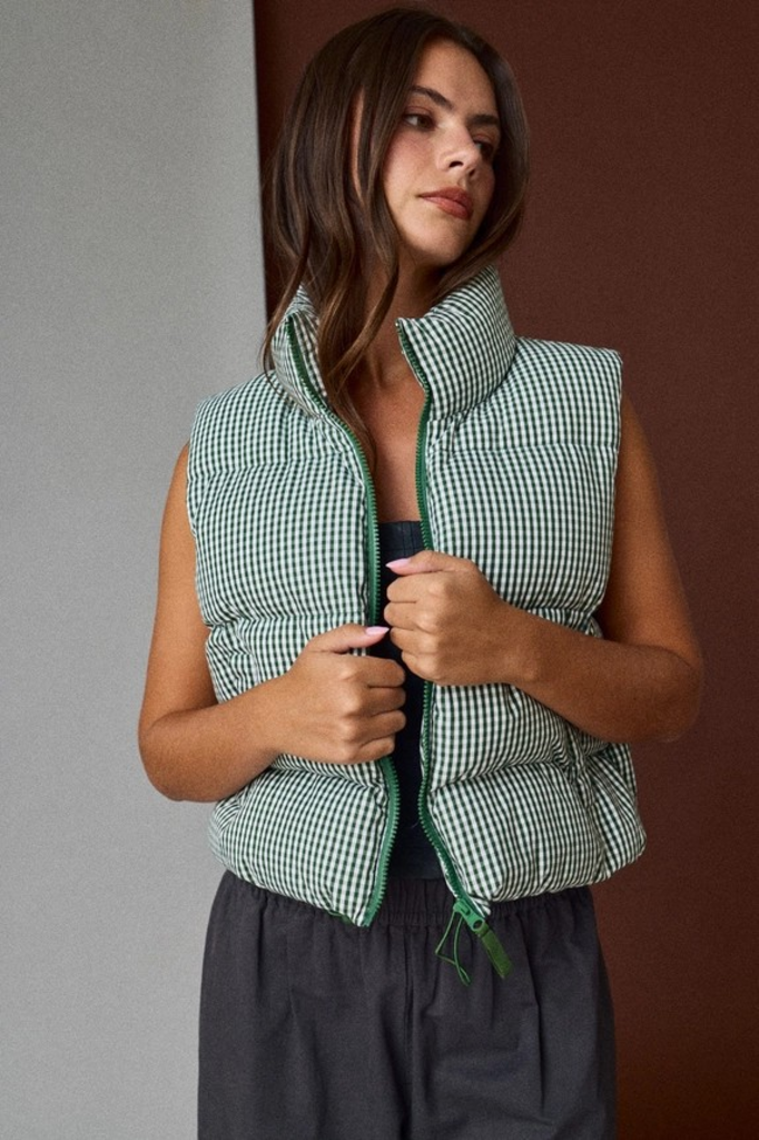 green gingham puffer vest